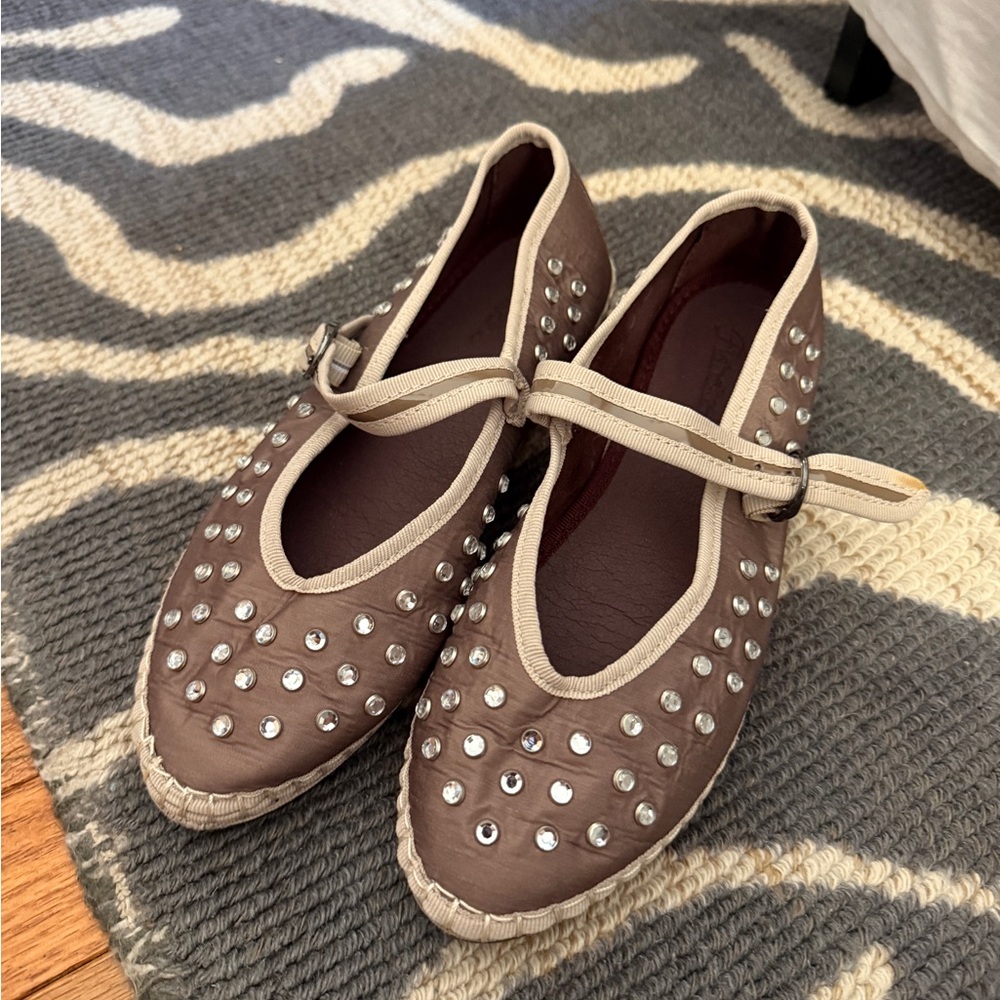 Studded Brown Mary Jane Flats with Cream Trim